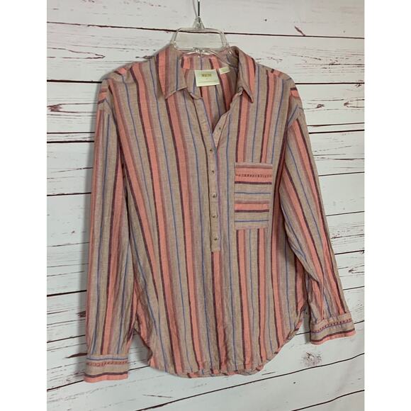 MAEVE By Anthropologie Women's S Small Pink Purple Stripe Button Long Sleeve Top - Picture 7 of 13